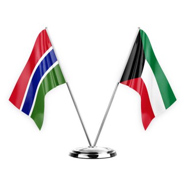 Two table flags isolated on white background 3d illustration, gambia and kuwait