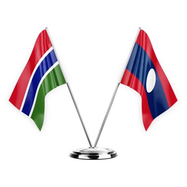 Two table flags isolated on white background 3d illustration, gambia and laos