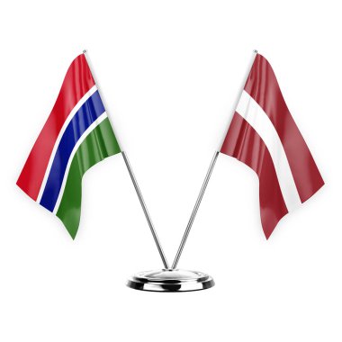 Two table flags isolated on white background 3d illustration, gambia and latvia