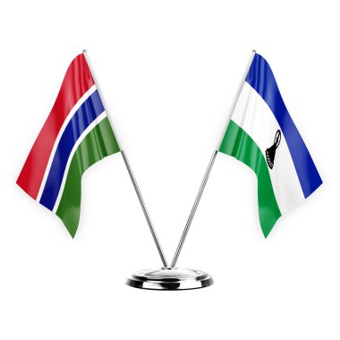 Two table flags isolated on white background 3d illustration, gambia and lesotho
