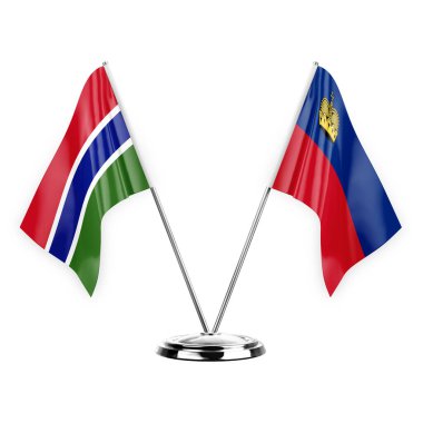 Two table flags isolated on white background 3d illustration, gambia and liechtenstein
