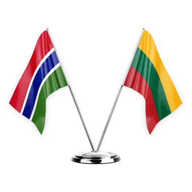 Two table flags isolated on white background 3d illustration, gambia and lithuania