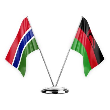 Two table flags isolated on white background 3d illustration, gambia and malawi