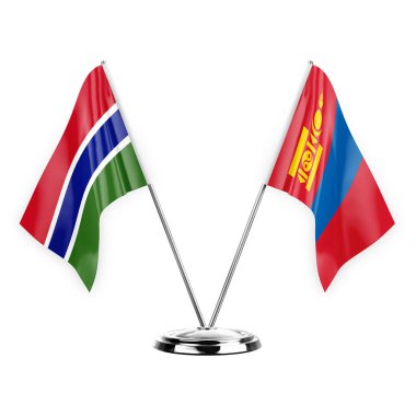 Two table flags isolated on white background 3d illustration, gambia and mongolia