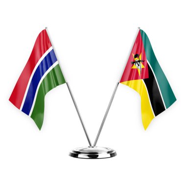 Two table flags isolated on white background 3d illustration, gambia and mozambique