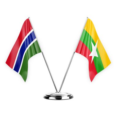 Two table flags isolated on white background 3d illustration, gambia and myanmar