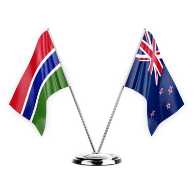 Two table flags isolated on white background 3d illustration, gambia and new zealand