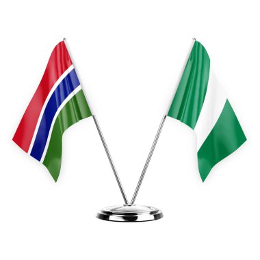 Two table flags isolated on white background 3d illustration, gambia and nigeria
