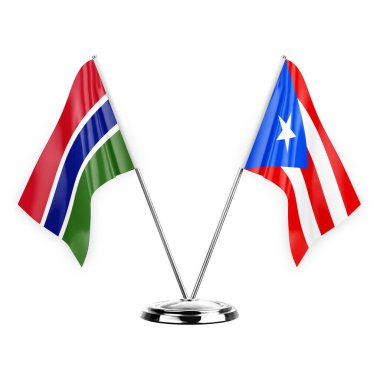 Two table flags isolated on white background 3d illustration, gambia and puerto rico