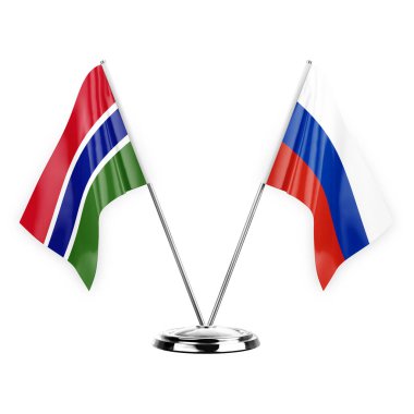 Two table flags isolated on white background 3d illustration, gambia and russia