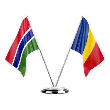 Two table flags isolated on white background 3d illustration, gambia and romania