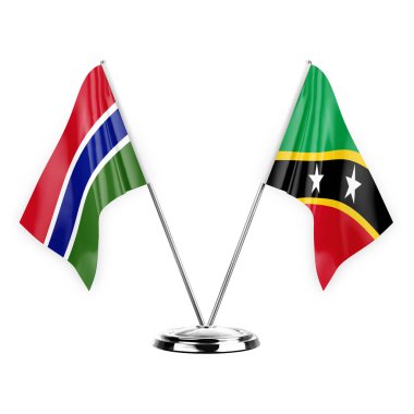 Two table flags isolated on white background 3d illustration, gambia and saint kitts and venis