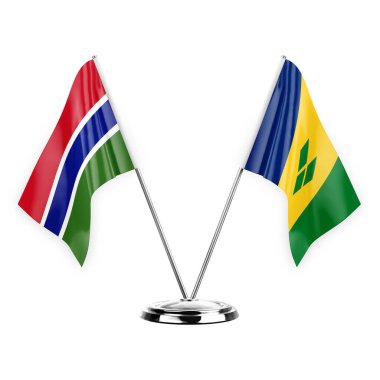 Two table flags isolated on white background 3d illustration, gambia and saint vincent and the grenadines