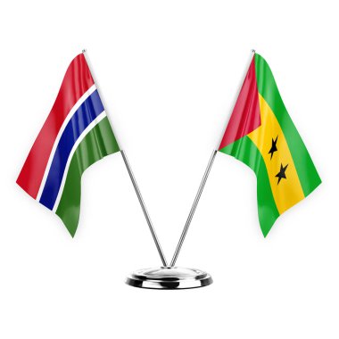 Two table flags isolated on white background 3d illustration, gambia and sao tome and principe