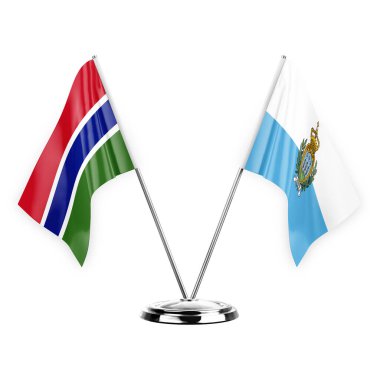 Two table flags isolated on white background 3d illustration, gambia and san marino