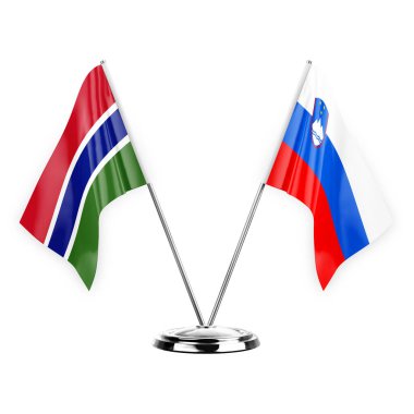 Two table flags isolated on white background 3d illustration, gambia and slovenia