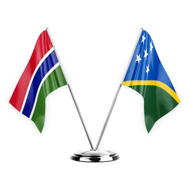 Two table flags isolated on white background 3d illustration, gambia and solomon islands