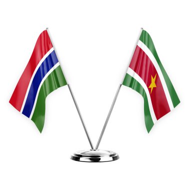 Two table flags isolated on white background 3d illustration, gambia and suriname