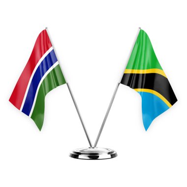 Two table flags isolated on white background 3d illustration, gambia and tanzania