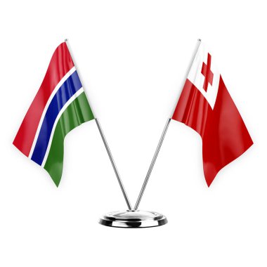 Two table flags isolated on white background 3d illustration, gambia and tonga