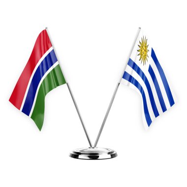 Two table flags isolated on white background 3d illustration, gambia and uruguay
