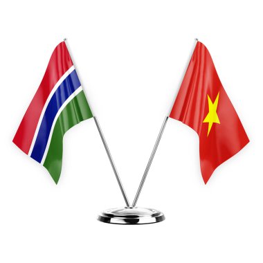 Two table flags isolated on white background 3d illustration, gambia and vietnam