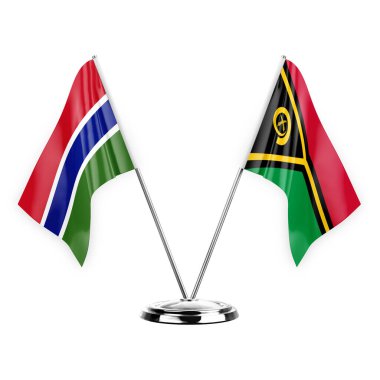 Two table flags isolated on white background 3d illustration, gambia and vanuatu