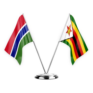 Two table flags isolated on white background 3d illustration, gambia and zimbabwe
