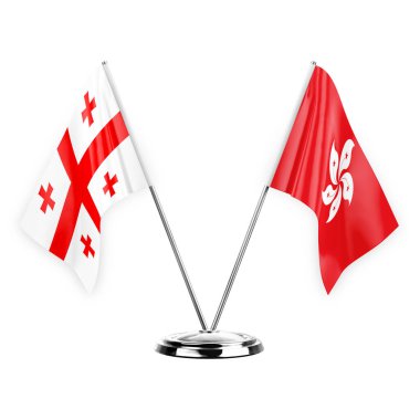 Two table flags isolated on white background 3d illustration, georgia and hong kong