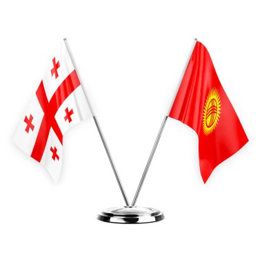Two table flags isolated on white background 3d illustration, georgia and kyrgyzstan