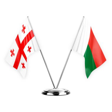 Two table flags isolated on white background 3d illustration, georgia and madagascar
