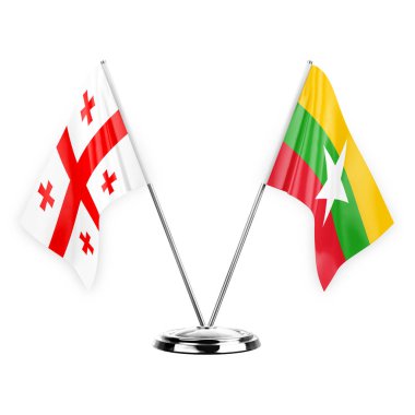 Two table flags isolated on white background 3d illustration, georgia and myanmar