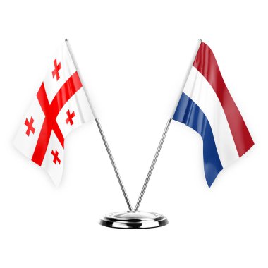 Two table flags isolated on white background 3d illustration, georgia and netherlands