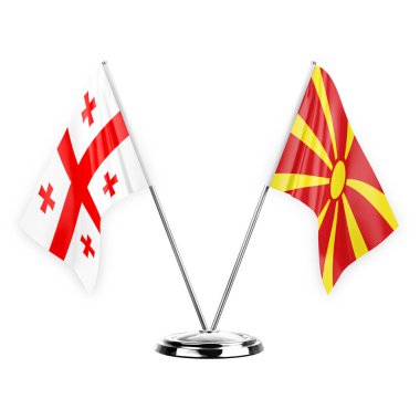 Two table flags isolated on white background 3d illustration, georgia and north macedonia