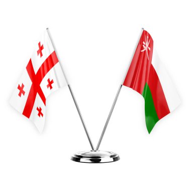 Two table flags isolated on white background 3d illustration, georgia and oman
