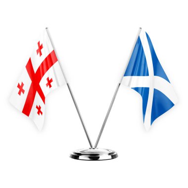 Two table flags isolated on white background 3d illustration, georgia and scotland