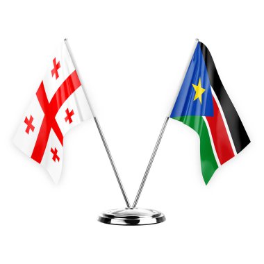 Two table flags isolated on white background 3d illustration, georgia and south sudan