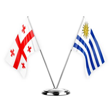Two table flags isolated on white background 3d illustration, georgia and uruguay