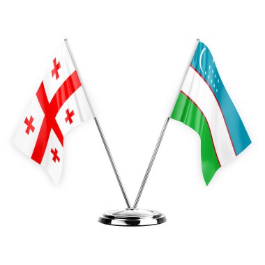 Two table flags isolated on white background 3d illustration, georgia and uzbekistan