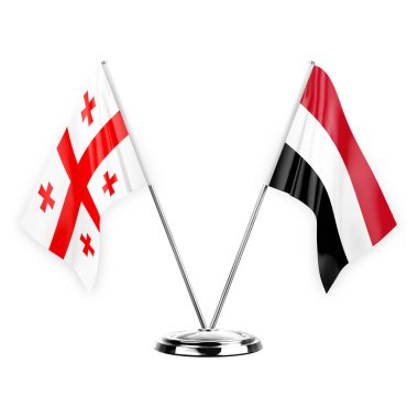 Two table flags isolated on white background 3d illustration, georgia and yemen