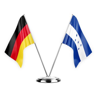 Two table flags isolated on white background 3d illustration, germany and honduras