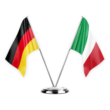 Two table flags isolated on white background 3d illustration, germany and italy