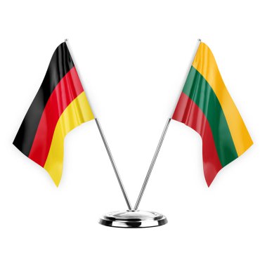 Two table flags isolated on white background 3d illustration, germany and lithuania