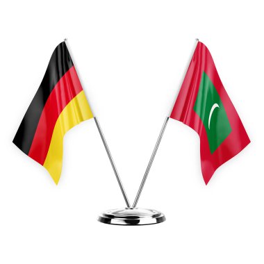 Two table flags isolated on white background 3d illustration, germany and maldives