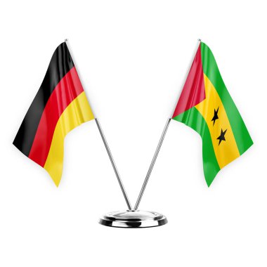 Two table flags isolated on white background 3d illustration, germany and sao tome and principe
