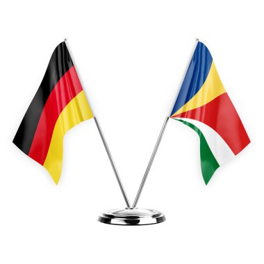 Two table flags isolated on white background 3d illustration, germany and seychelles