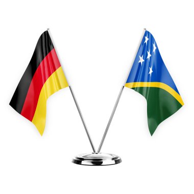 Two table flags isolated on white background 3d illustration, germany and solomon islands