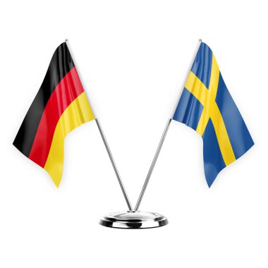 Two table flags isolated on white background 3d illustration, germany and sweden