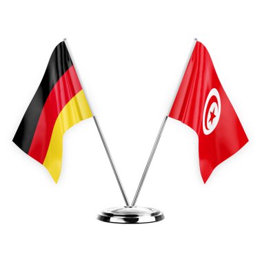 Two table flags isolated on white background 3d illustration, germany and tunisia