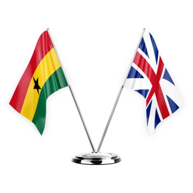 Two table flags isolated on white background 3d illustration, ghana and britain